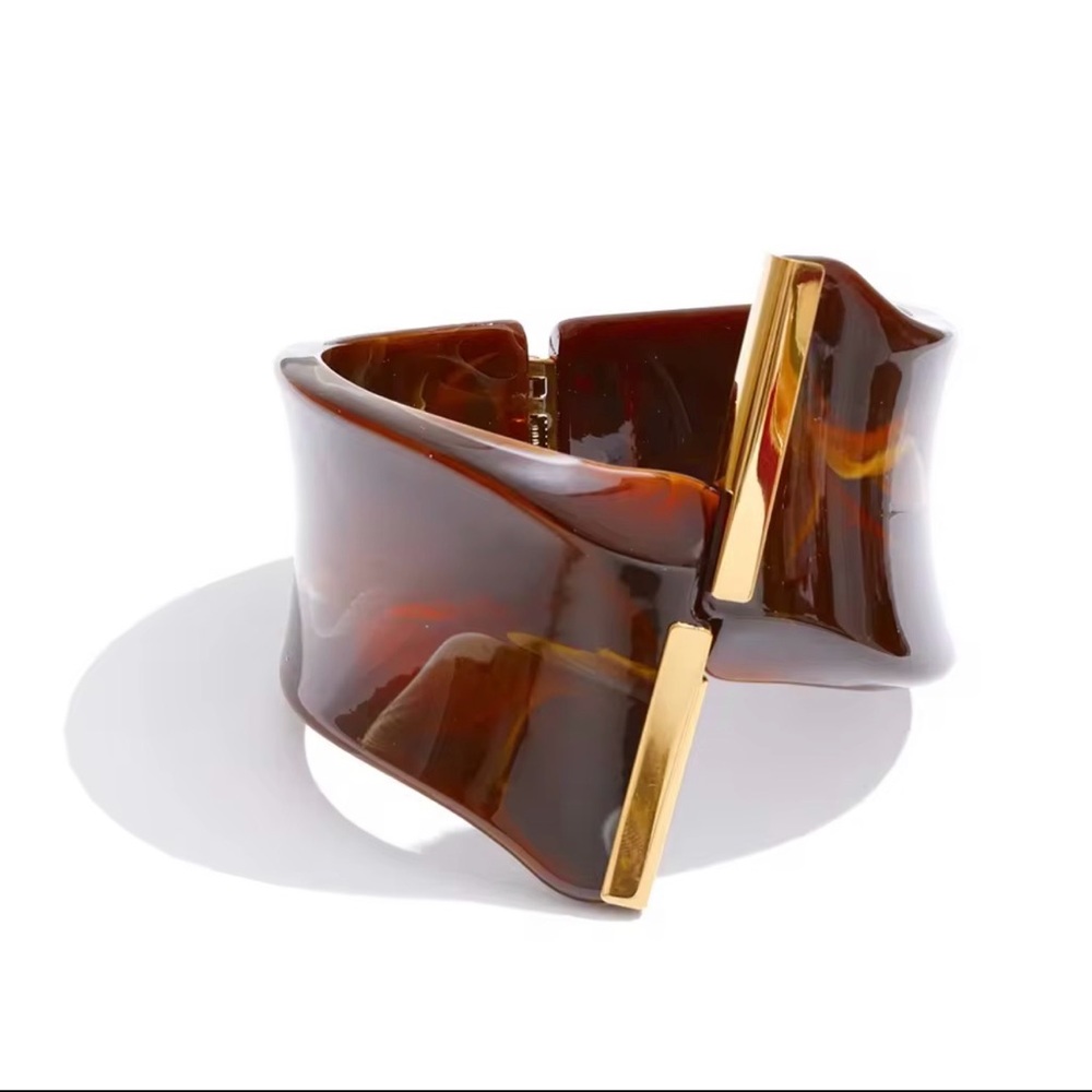 Tortoiseshell Resin Cuff Bracelet with Gold Accents